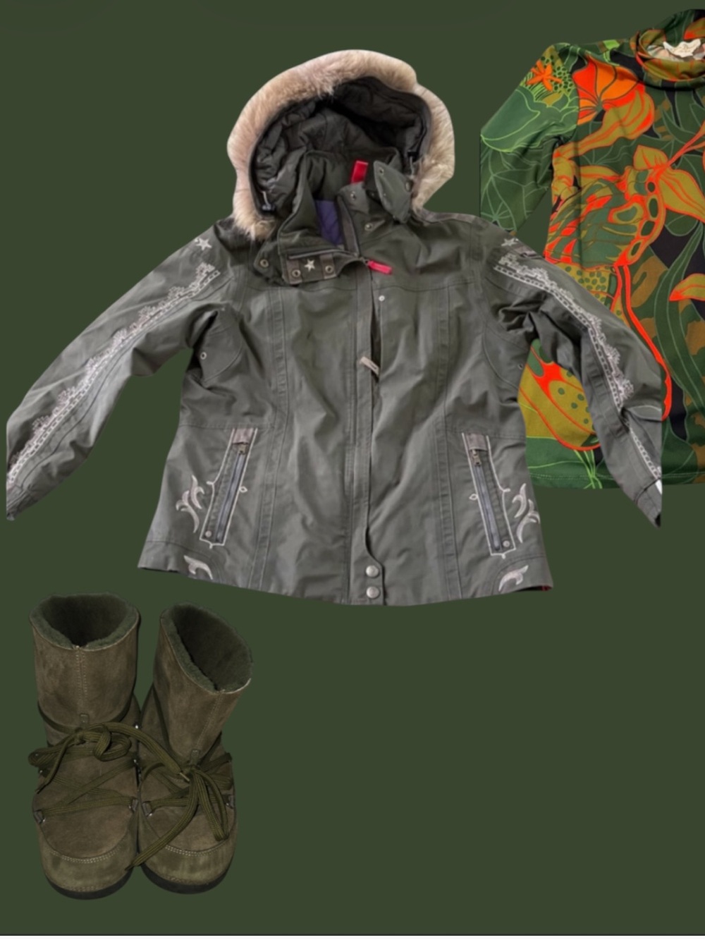 Bogner Olive Green Ski Jacket with -Fur Trim Hood